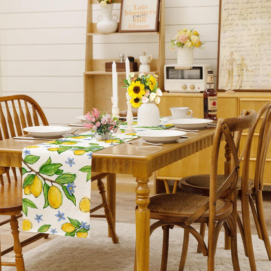 Summer Amalfi Coast Lemon Fruit Table Runner Green Leaves Burlap Table Runners, Blue Floral Seasonal Coffee Table Center Decor for Home Kitchen Dining Party Indoor Outdoor 13x108 Inch