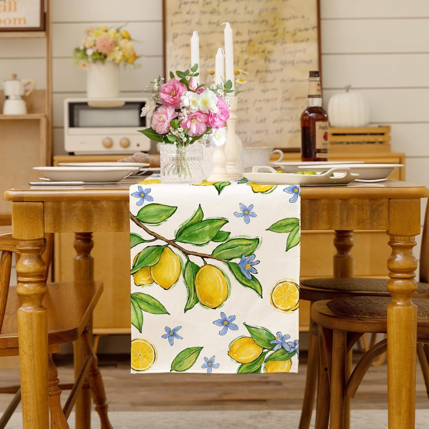 Summer Amalfi Coast Lemon Fruit Table Runner Green Leaves Burlap Table Runners, Blue Floral Seasonal Coffee Table Center Decor for Home Kitchen Dining Party Indoor Outdoor 13x108 Inch