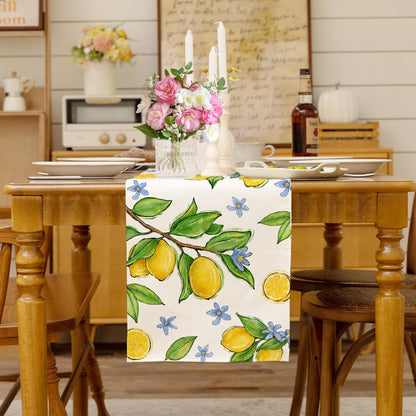 Summer Amalfi Coast Lemon Fruit Table Runner Green Leaves Burlap Table Runners, Blue Floral Seasonal Coffee Table Center Decor for Home Kitchen Dining Party Indoor Outdoor 13x108 Inch