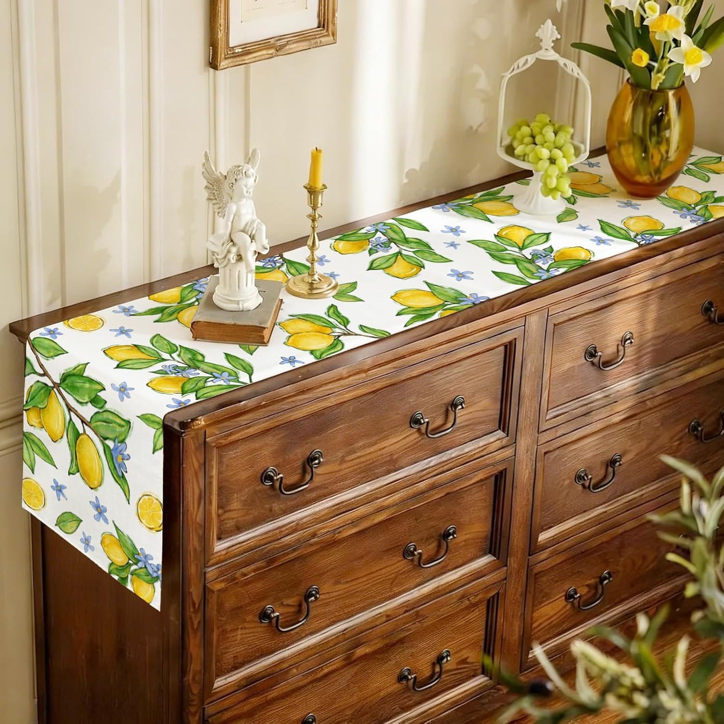 Summer Amalfi Coast Lemon Fruit Table Runner Green Leaves Burlap Table Runners, Blue Floral Seasonal Coffee Table Center Decor for Home Kitchen Dining Party Indoor Outdoor 13x108 Inch
