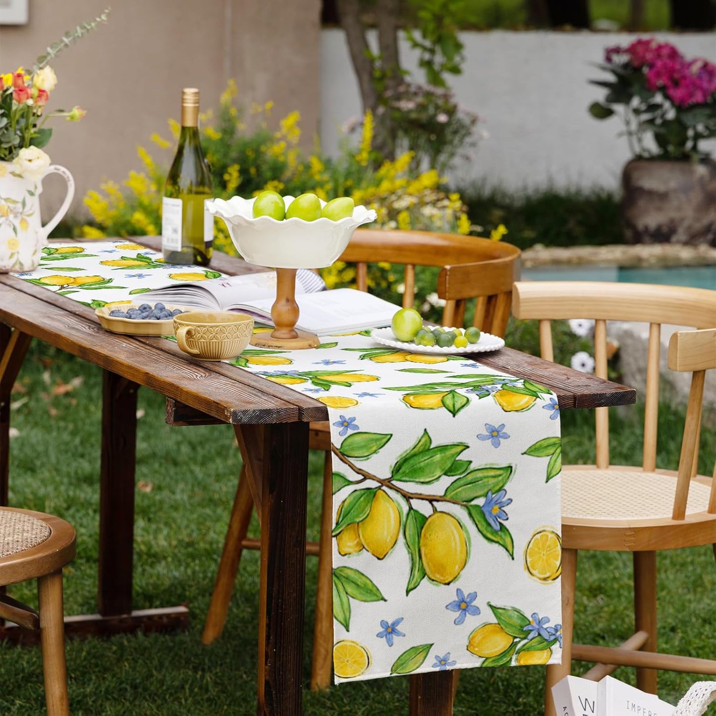 Summer Amalfi Coast Lemon Fruit Table Runner Green Leaves Burlap Table Runners, Blue Floral Seasonal Coffee Table Center Decor for Home Kitchen Dining Party Indoor Outdoor 13x108 Inch