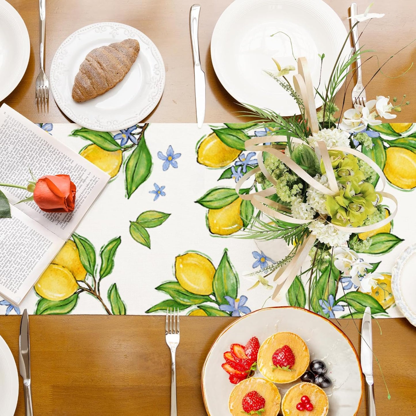 Summer Amalfi Coast Lemon Fruit Table Runner Green Leaves Burlap Table Runners, Blue Floral Seasonal Coffee Table Center Decor for Home Kitchen Dining Party Indoor Outdoor 13x108 Inch