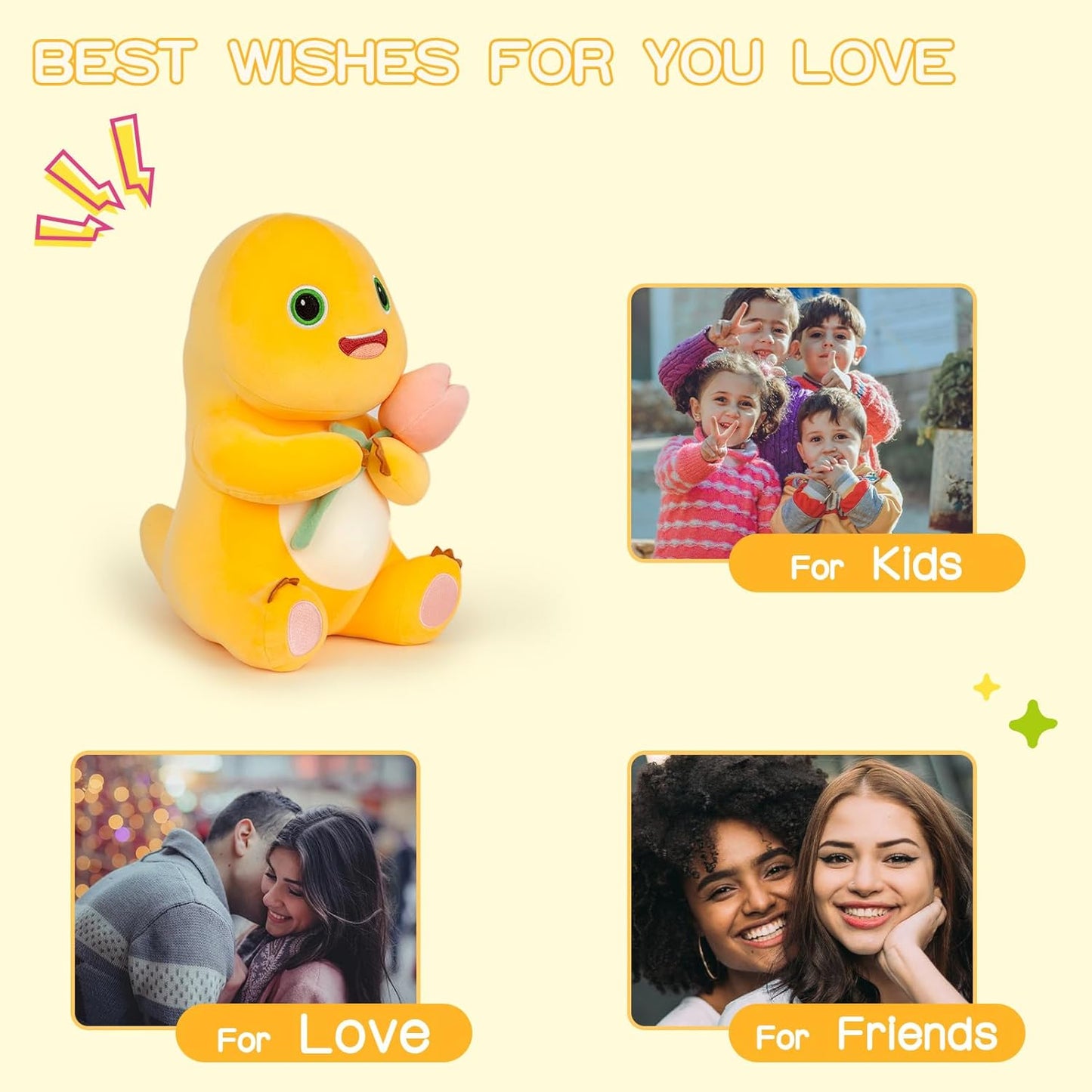 Dinosaur Stuffed Animal,11.8“ Cute Yellow Dinosaur Plush with Flower Soft Dino Stuffed Animals Dino Plushie Toys for Boys Girls Kids Baby