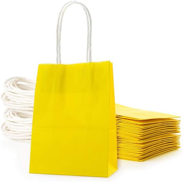 Mini Yellow Paper Bag with Handle, 6x4.5x2.5 inch, Pack of 24 | Party Favor Bag, Wedding Birthday Baby Shower, Summer Tropical Theme Party, Recycled Bag