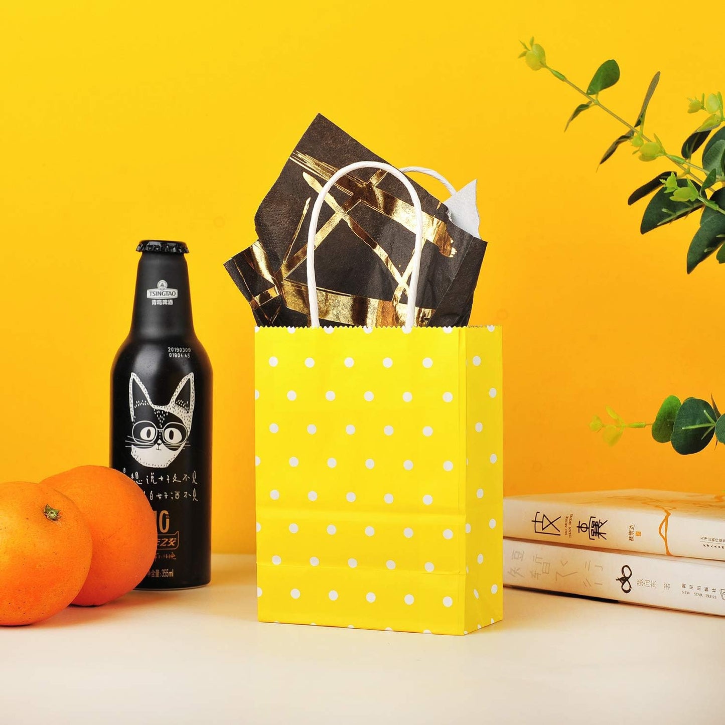 Mini Yellow Paper Bag with Handle, 6x4.5x2.5 inch, Pack of 24 | Party Favor Bag, Wedding Birthday Baby Shower, Summer Tropical Theme Party, Recycled Bag