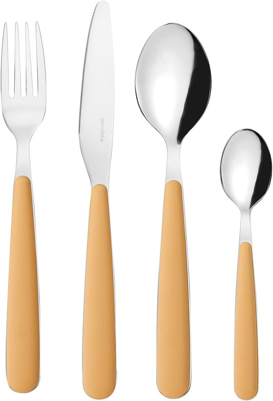 24 Piece Stainless Steel Cutlery Set, White, "POP" (Mustard Yellow)