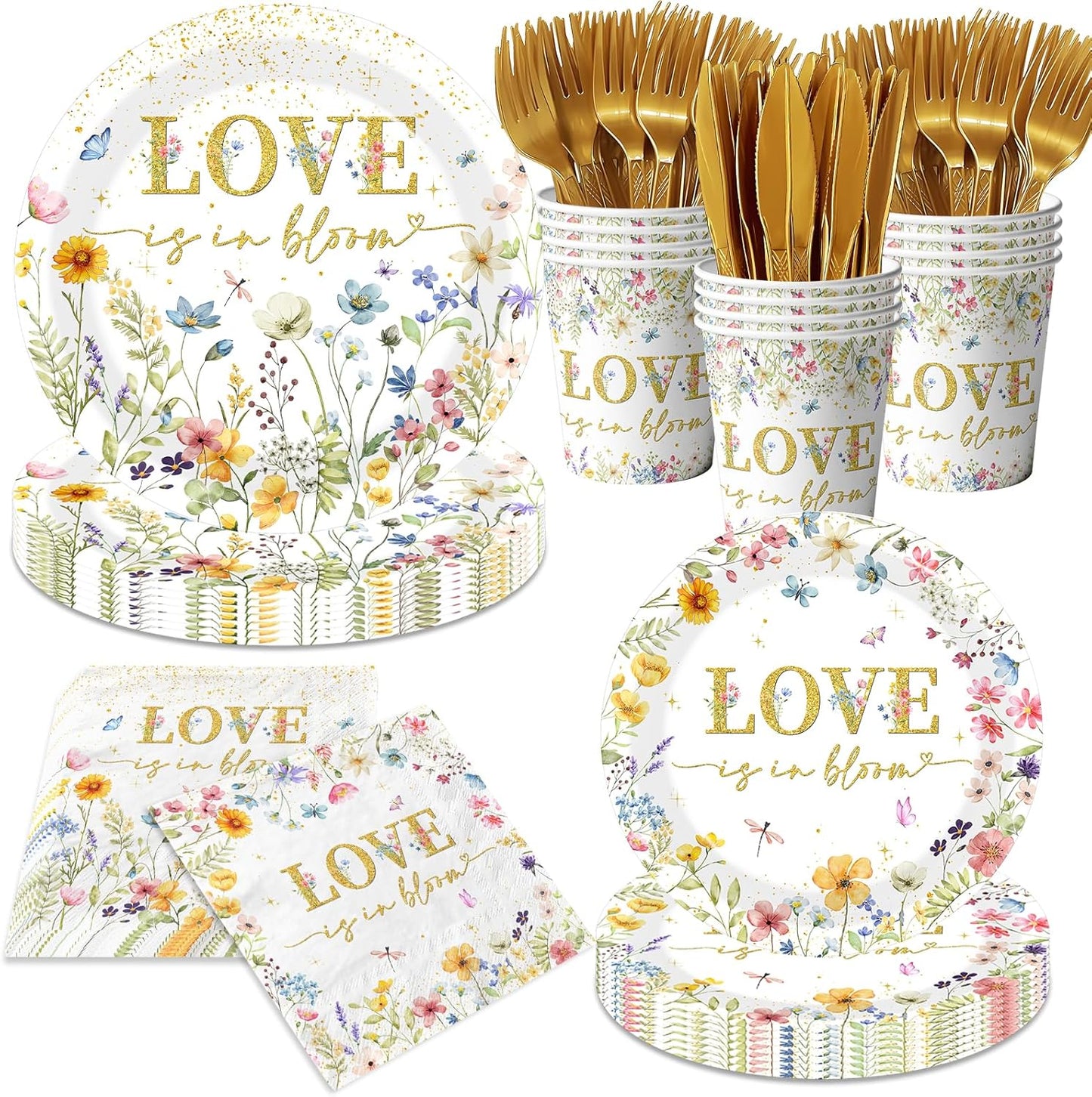 Love is in Bloom Bridal Shower Decoration-144Pcs Floral Paper Plates and Napkins Kit for Wedding,Engagement Party