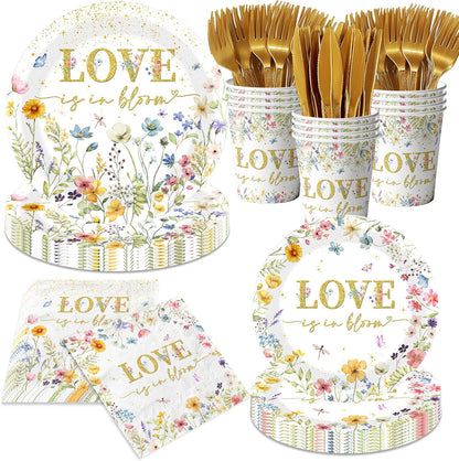 Love is in Bloom Bridal Shower Decoration-144Pcs Floral Paper Plates and Napkins Kit for Wedding,Engagement Party