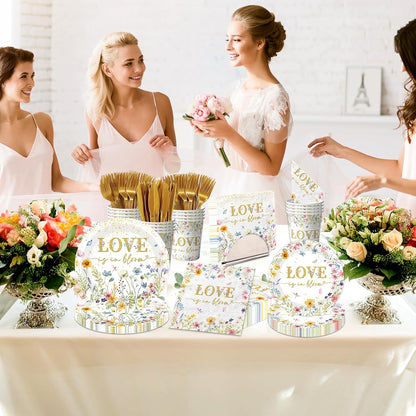 Love is in Bloom Bridal Shower Decoration-144Pcs Floral Paper Plates and Napkins Kit for Wedding,Engagement Party
