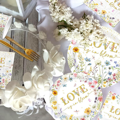 Love is in Bloom Bridal Shower Decoration-144Pcs Floral Paper Plates and Napkins Kit for Wedding,Engagement Party