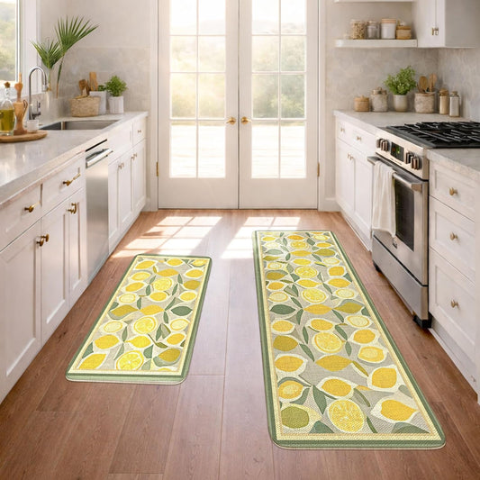 Lemon Kitchen Rugs Set of 2 Non Slip Yellow Kitchen Mat Machine Washable Rugs for Kitchen Floor Kitchen Mat Set for Home Laundry Room Pattern Stylish Colorful Comfortable Durable