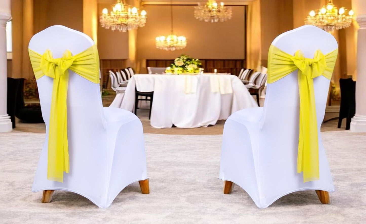 Pack of 25, Yellow, Sheer Chiffon Chair Sashes Bows Chair Cover Back Tie Ribbon for Wedding Birthday Baby Shower Engagement Ceremony Event Party Banquet Restaurant Dining Chair Decoration