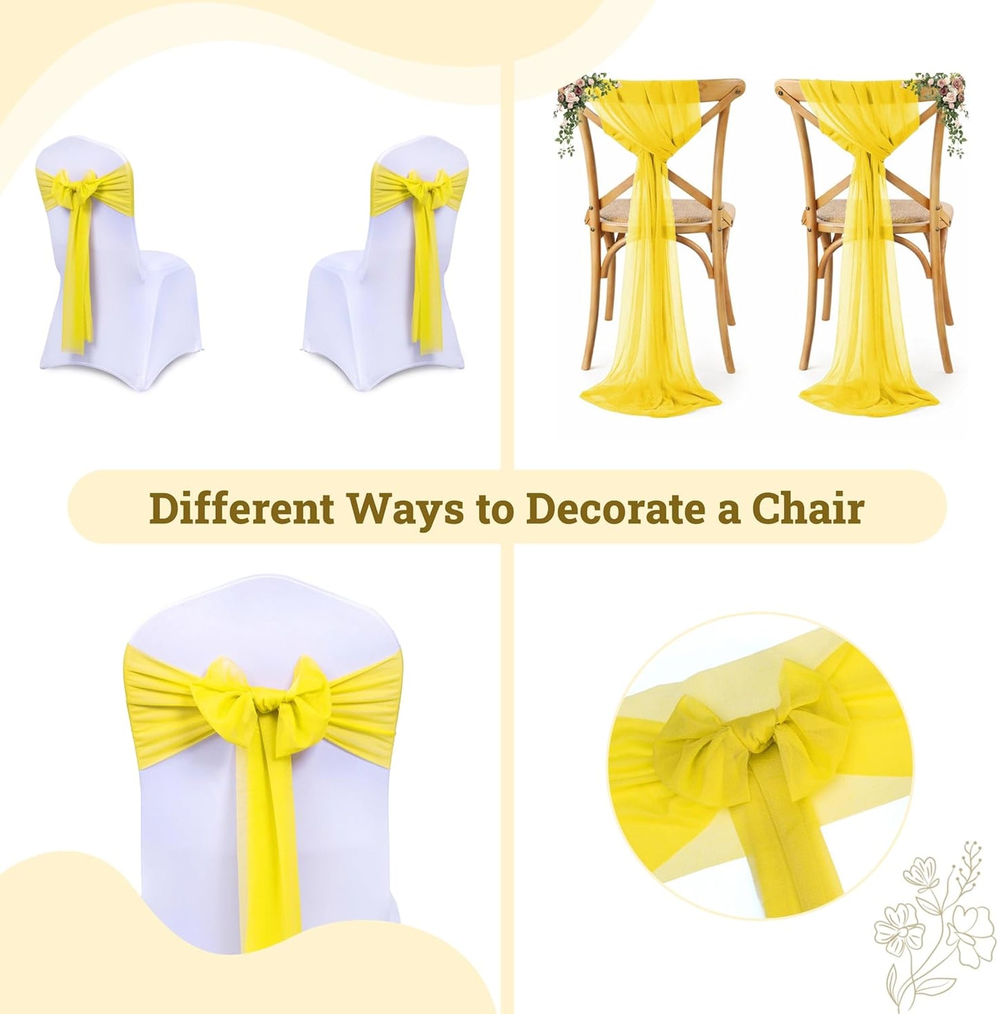 Pack of 25, Yellow, Sheer Chiffon Chair Sashes Bows Chair Cover Back Tie Ribbon for Wedding Birthday Baby Shower Engagement Ceremony Event Party Banquet Restaurant Dining Chair Decoration