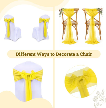 Pack of 25, Yellow, Sheer Chiffon Chair Sashes Bows Chair Cover Back Tie Ribbon for Wedding Birthday Baby Shower Engagement Ceremony Event Party Banquet Restaurant Dining Chair Decoration