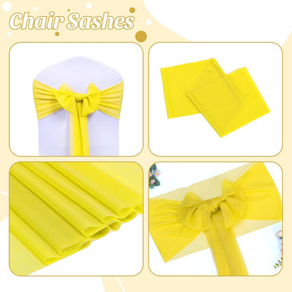 Pack of 25, Yellow, Sheer Chiffon Chair Sashes Bows Chair Cover Back Tie Ribbon for Wedding Birthday Baby Shower Engagement Ceremony Event Party Banquet Restaurant Dining Chair Decoration