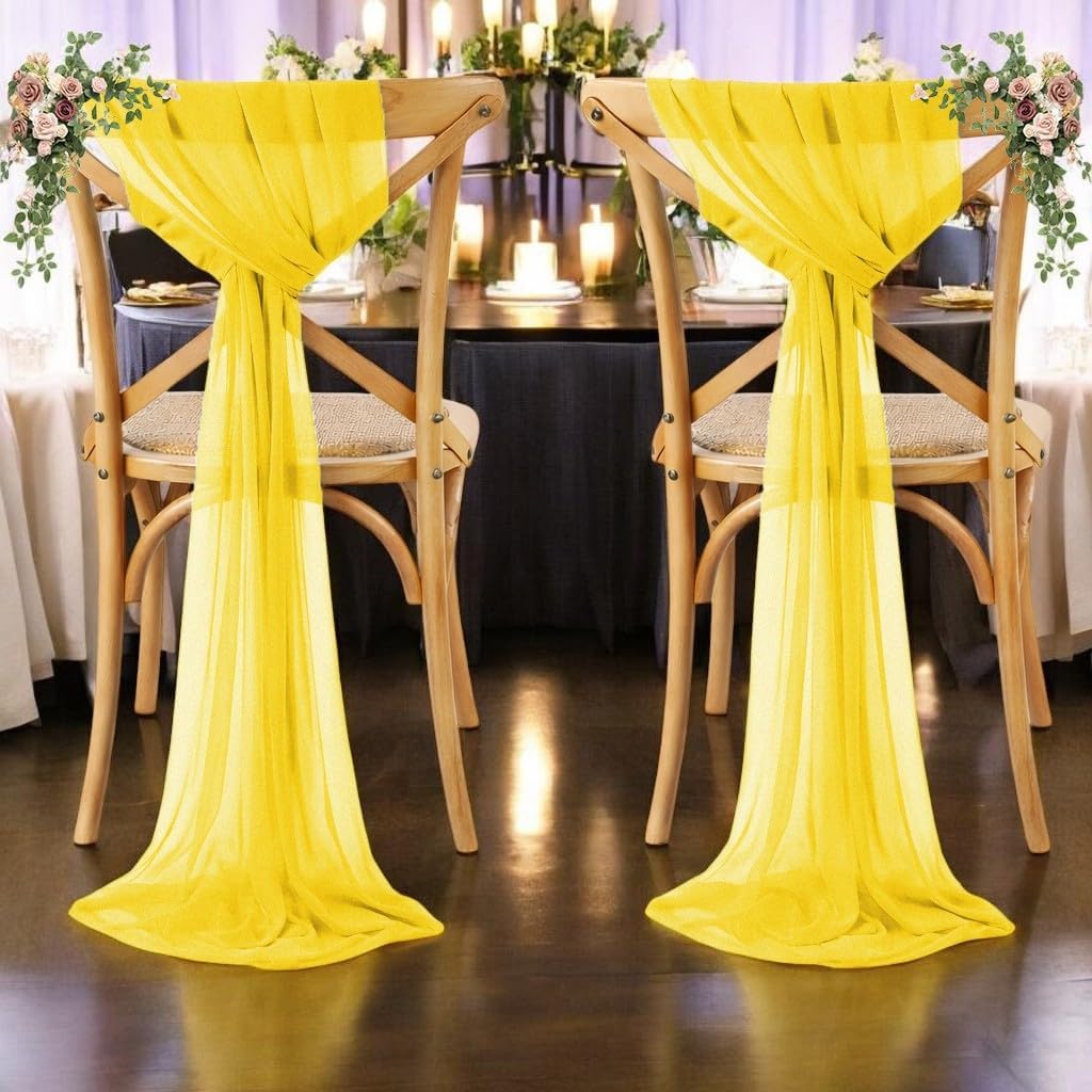 Pack of 25, Yellow, Sheer Chiffon Chair Sashes Bows Chair Cover Back Tie Ribbon for Wedding Birthday Baby Shower Engagement Ceremony Event Party Banquet Restaurant Dining Chair Decoration