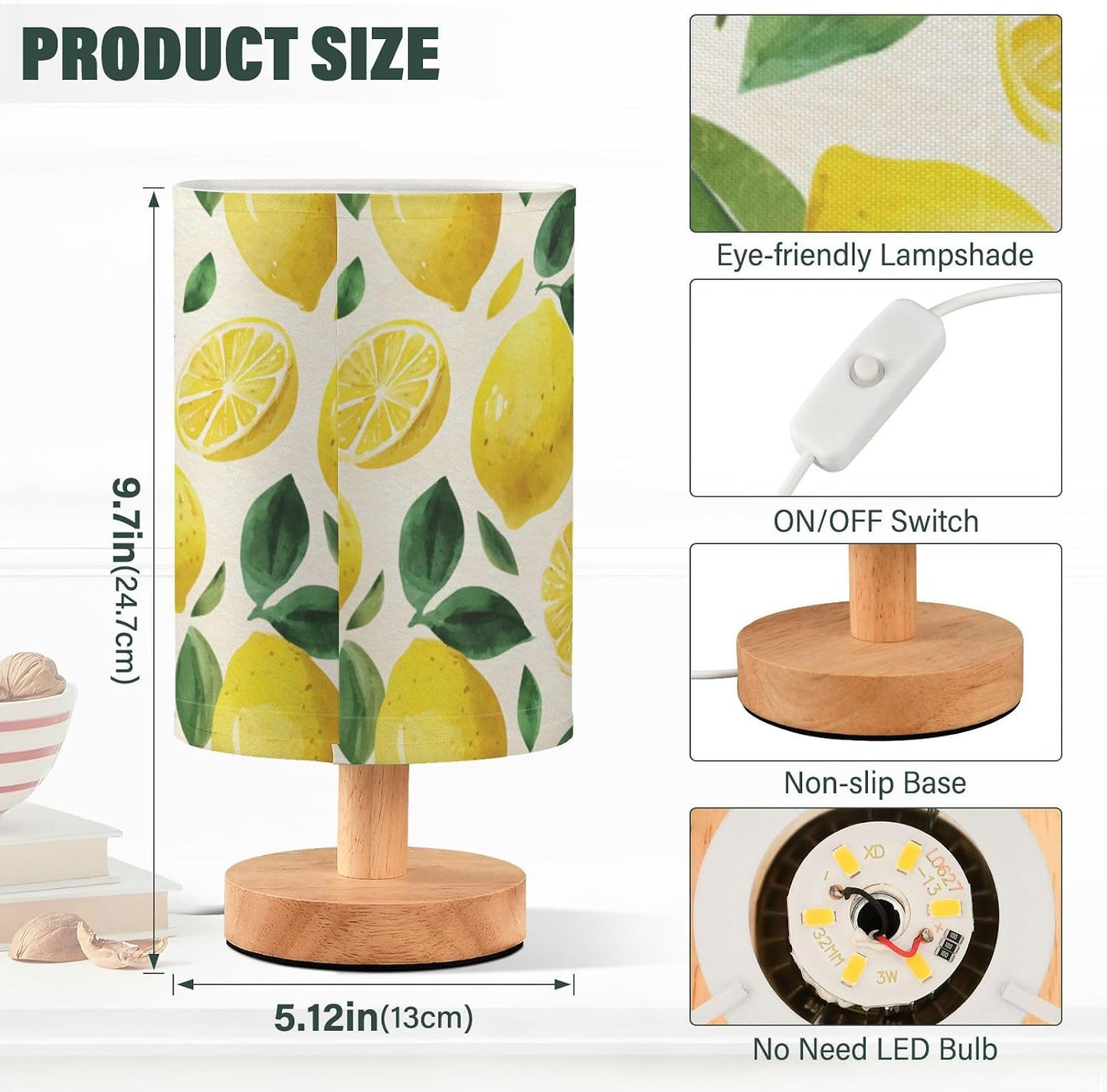 Bedside Table Lamp Lemon Yellow Citrus Fruits (59) Kids Nightstand Lamp Night Light Fabric Shade for Bedroom Living Room Home Office