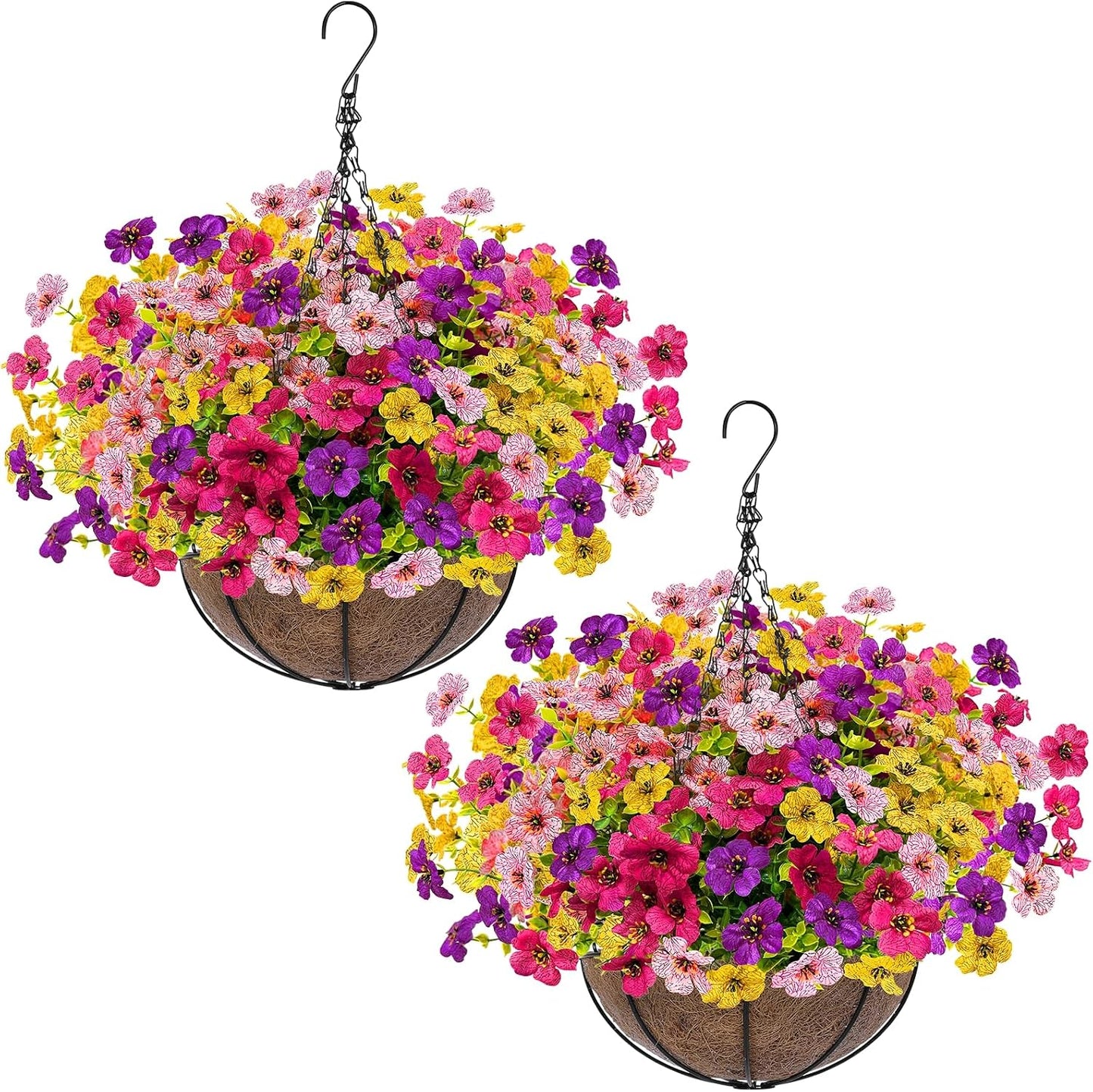 2 Sets Artificial Hanging Plants Flowers Basket Outdoor, Fake Hanging Plants 24 Pcs Flowers for Porch Patio Garden Home Decor for Spring Summer (Red, Purple, Yellow, Rose Red)