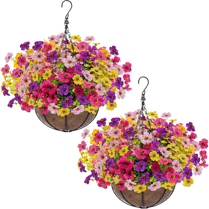 2 Sets Artificial Hanging Plants Flowers Basket Outdoor, Fake Hanging Plants 24 Pcs Flowers for Porch Patio Garden Home Decor for Spring Summer (Red, Purple, Yellow, Rose Red)
