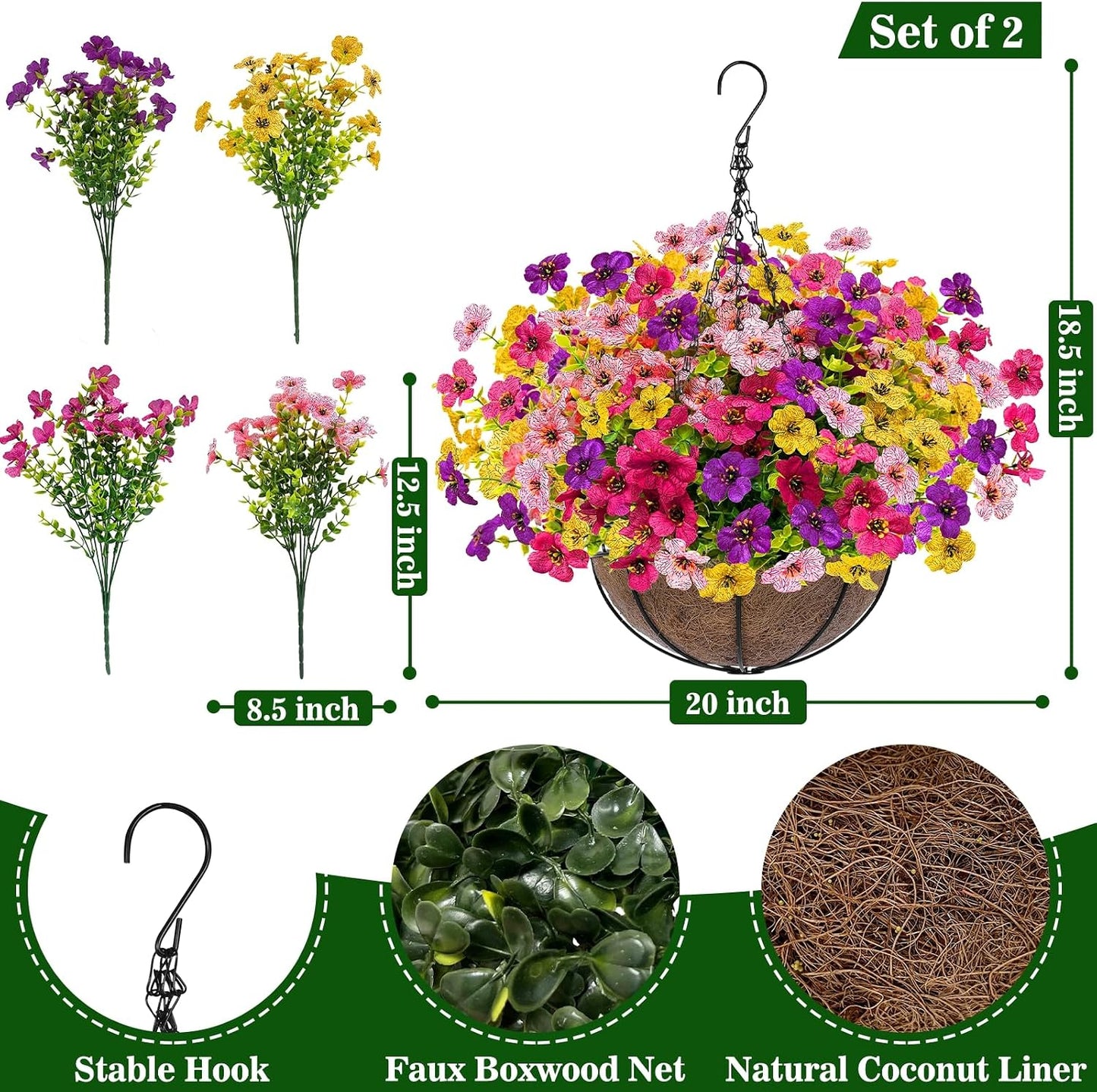 2 Sets Artificial Hanging Plants Flowers Basket Outdoor, Fake Hanging Plants 24 Pcs Flowers for Porch Patio Garden Home Decor for Spring Summer (Red, Purple, Yellow, Rose Red)