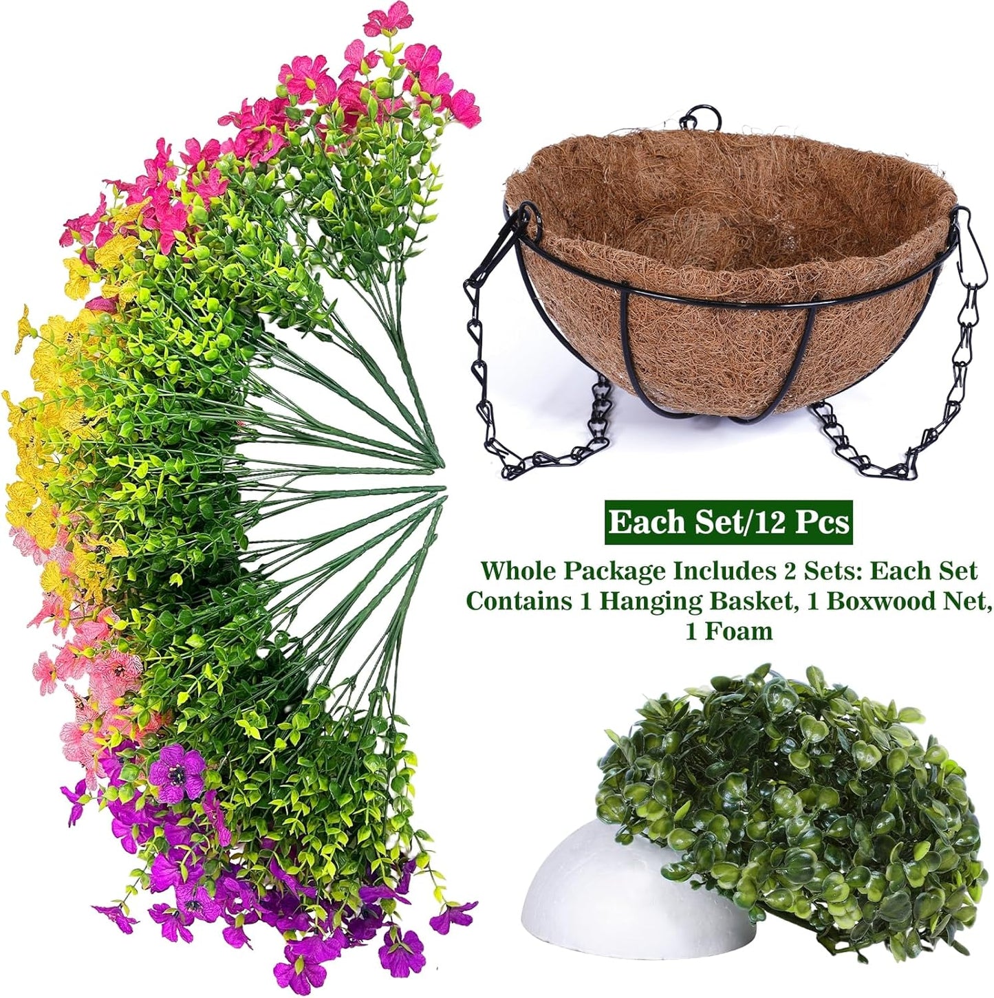 2 Sets Artificial Hanging Plants Flowers Basket Outdoor, Fake Hanging Plants 24 Pcs Flowers for Porch Patio Garden Home Decor for Spring Summer (Red, Purple, Yellow, Rose Red)
