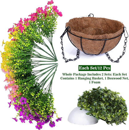 2 Sets Artificial Hanging Plants Flowers Basket Outdoor, Fake Hanging Plants 24 Pcs Flowers for Porch Patio Garden Home Decor for Spring Summer (Red, Purple, Yellow, Rose Red)