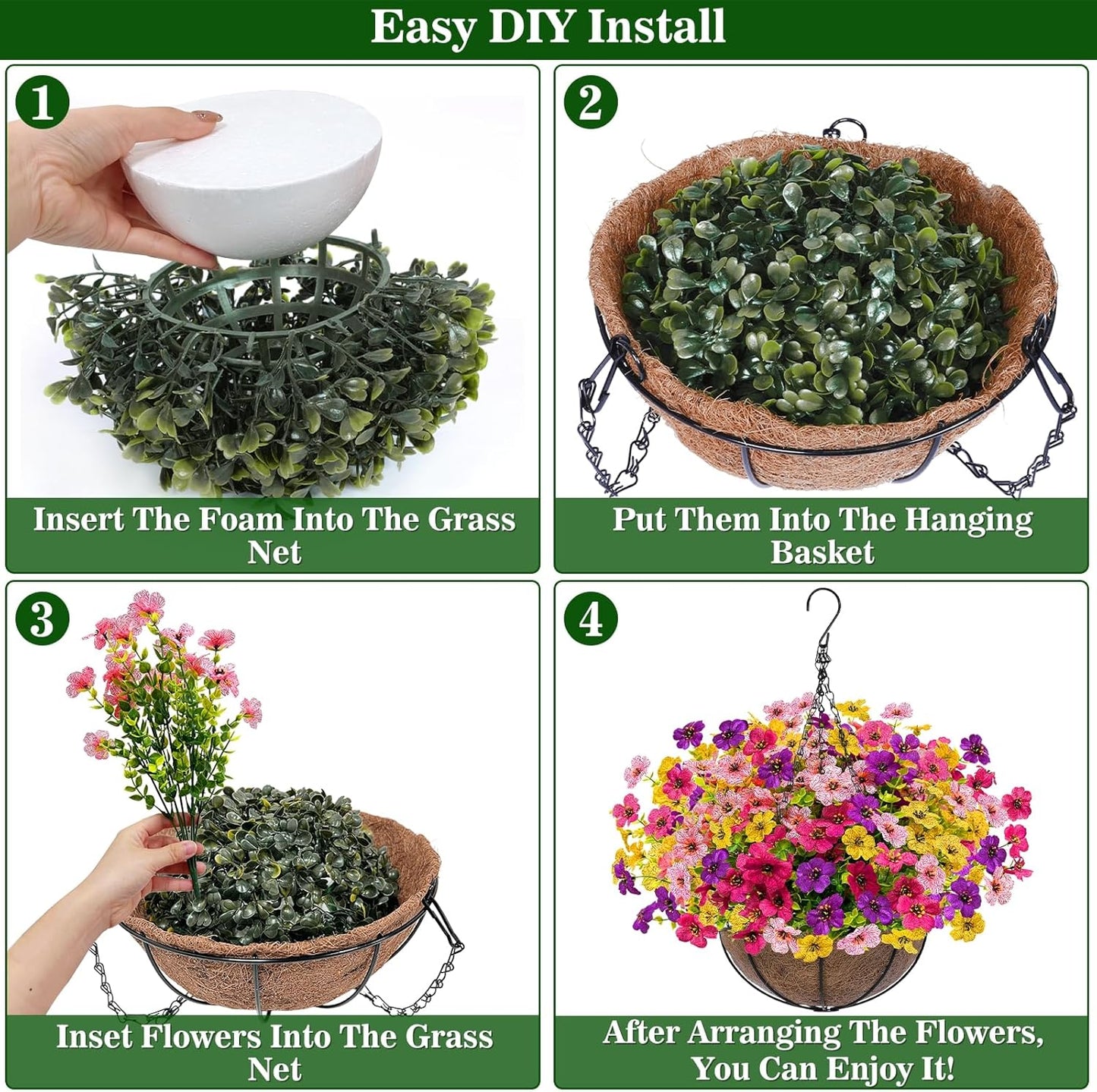 2 Sets Artificial Hanging Plants Flowers Basket Outdoor, Fake Hanging Plants 24 Pcs Flowers for Porch Patio Garden Home Decor for Spring Summer (Red, Purple, Yellow, Rose Red)