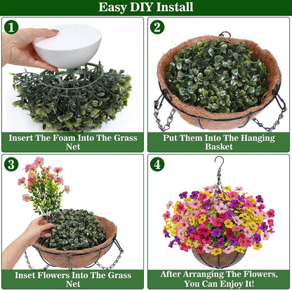 2 Sets Artificial Hanging Plants Flowers Basket Outdoor, Fake Hanging Plants 24 Pcs Flowers for Porch Patio Garden Home Decor for Spring Summer (Red, Purple, Yellow, Rose Red)