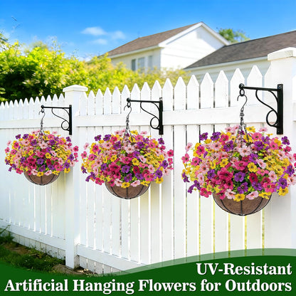 2 Sets Artificial Hanging Plants Flowers Basket Outdoor, Fake Hanging Plants 24 Pcs Flowers for Porch Patio Garden Home Decor for Spring Summer (Red, Purple, Yellow, Rose Red)