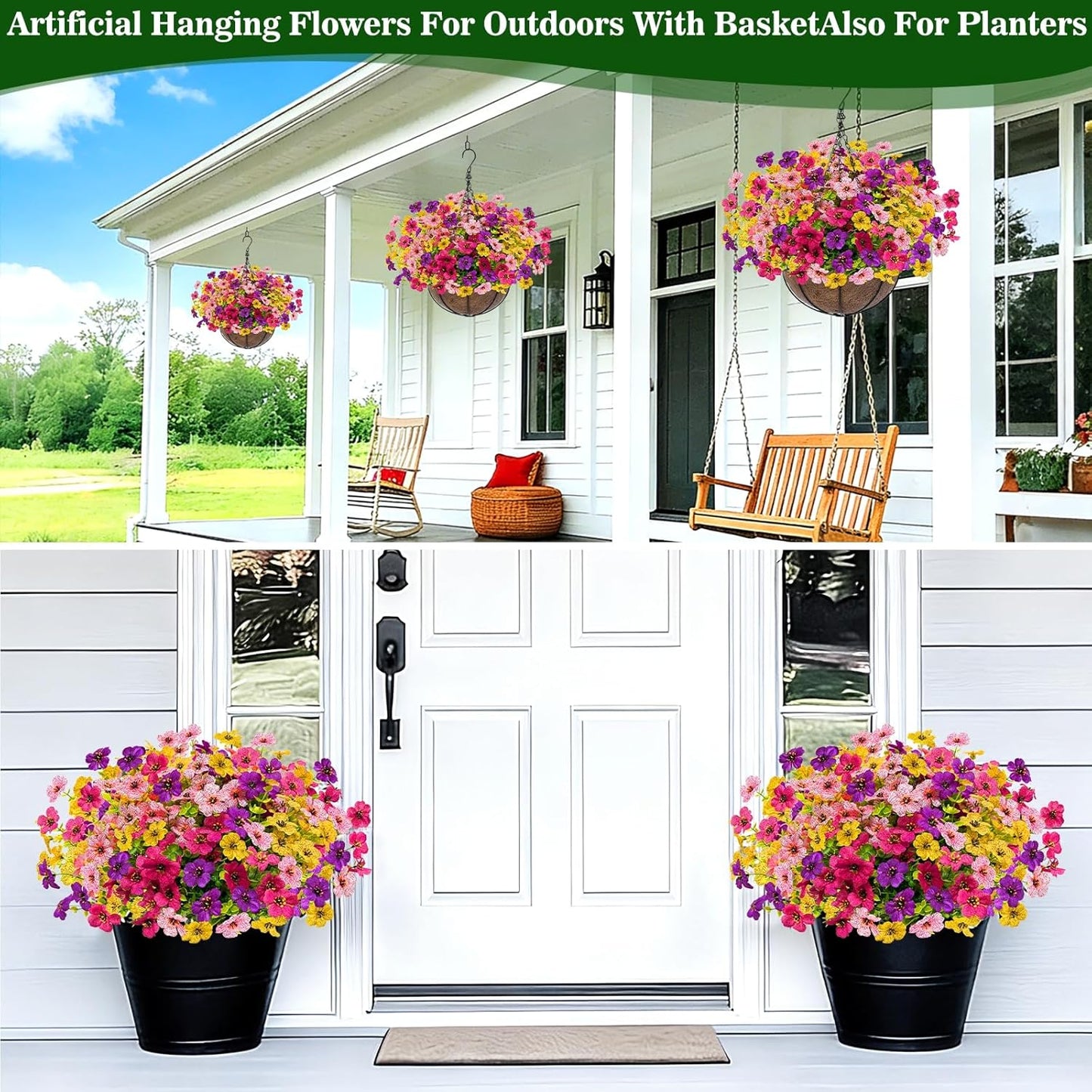 2 Sets Artificial Hanging Plants Flowers Basket Outdoor, Fake Hanging Plants 24 Pcs Flowers for Porch Patio Garden Home Decor for Spring Summer (Red, Purple, Yellow, Rose Red)