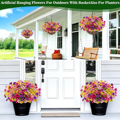 2 Sets Artificial Hanging Plants Flowers Basket Outdoor, Fake Hanging Plants 24 Pcs Flowers for Porch Patio Garden Home Decor for Spring Summer (Red, Purple, Yellow, Rose Red)