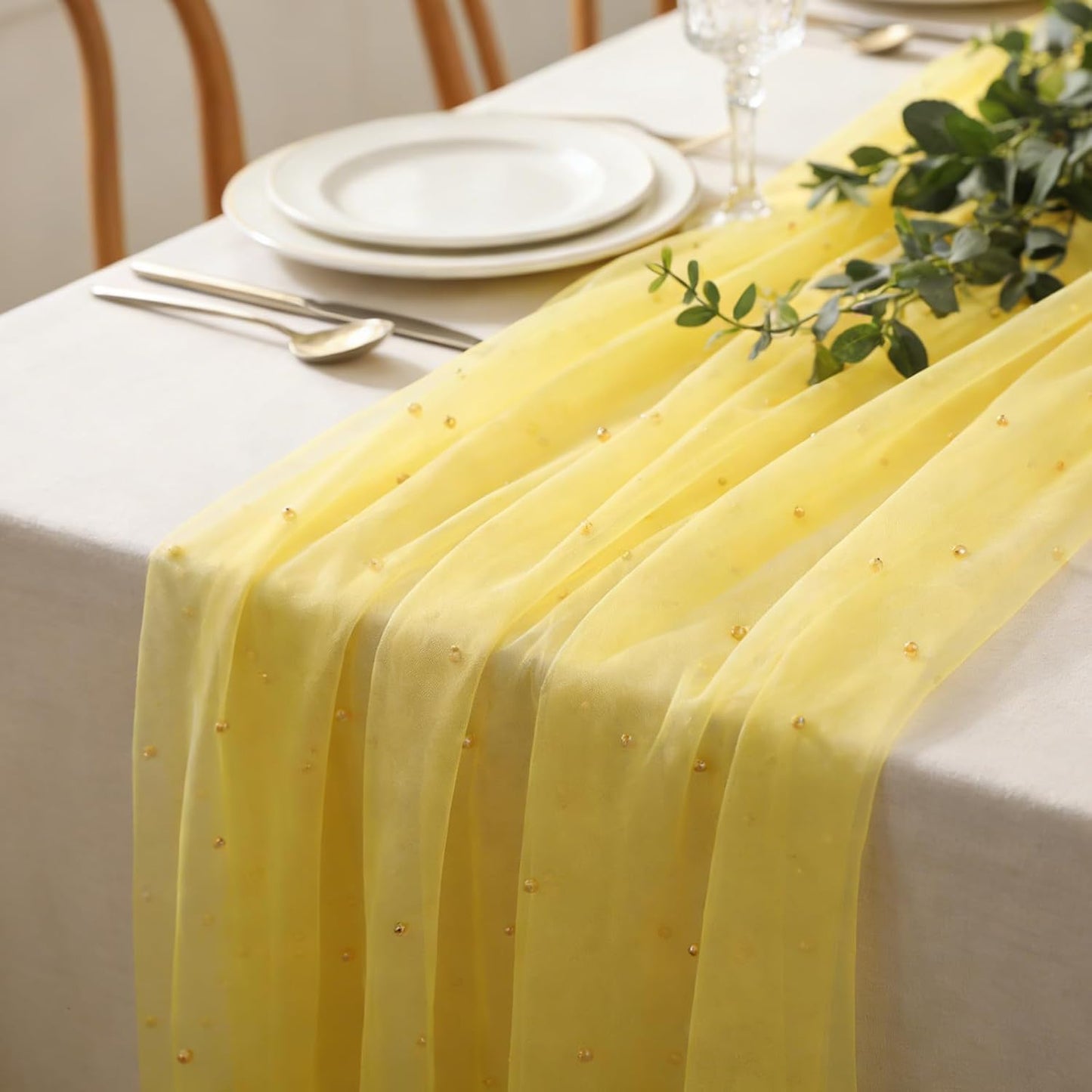 Yellow Pearl Gauze Table Runner 120 Inch 10FT, Sheer Table Decor for Wedding Birthday Baby Shower Home Party Holiday Decorations