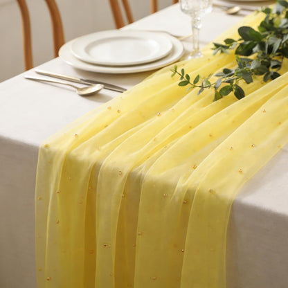 Yellow Pearl Gauze Table Runner 120 Inch 10FT, Sheer Table Decor for Wedding Birthday Baby Shower Home Party Holiday Decorations