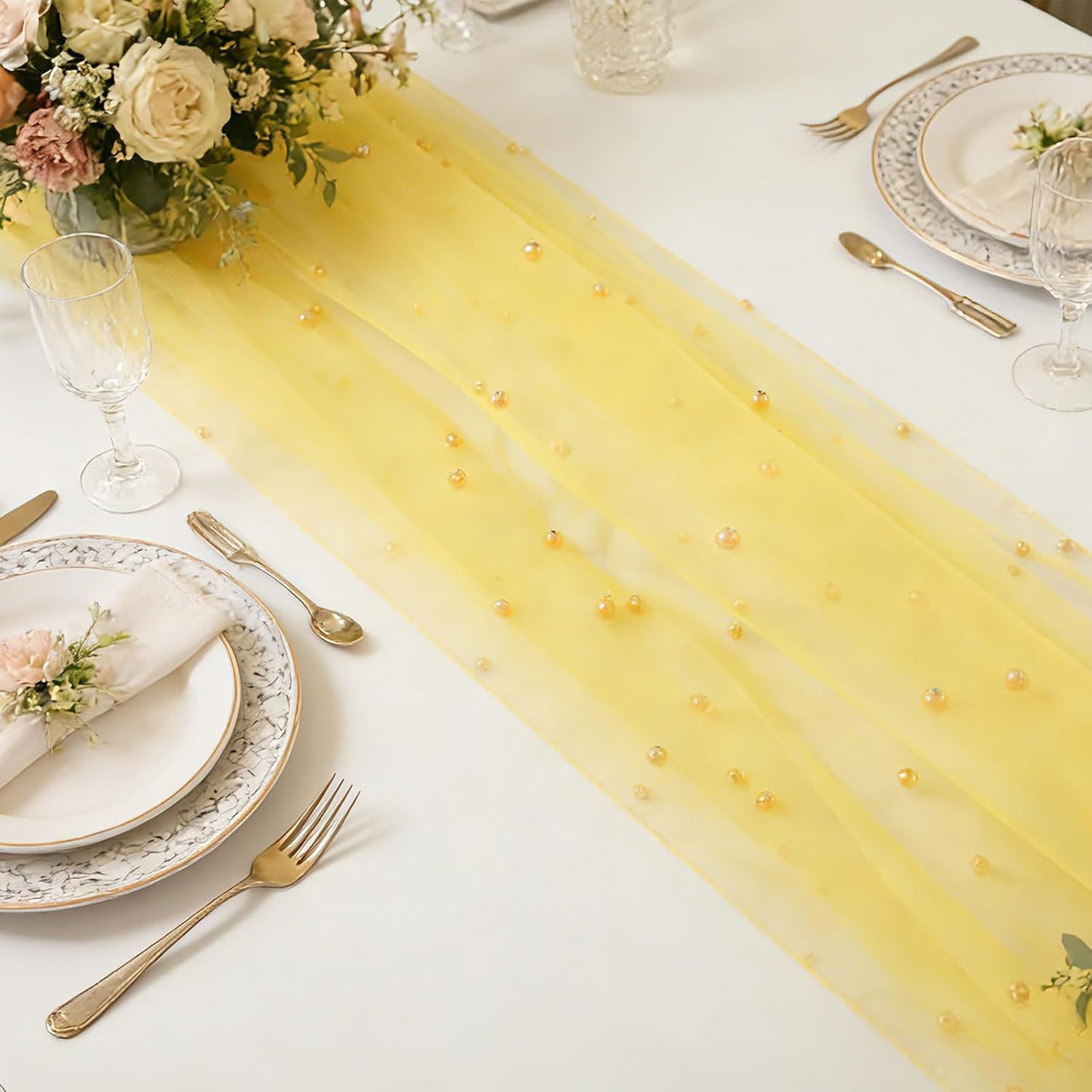 Yellow Pearl Gauze Table Runner 120 Inch 10FT, Sheer Table Decor for Wedding Birthday Baby Shower Home Party Holiday Decorations