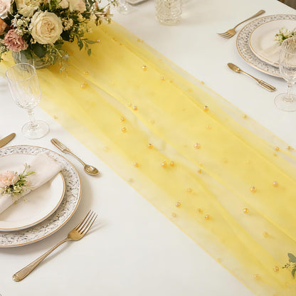Yellow Pearl Gauze Table Runner 120 Inch 10FT, Sheer Table Decor for Wedding Birthday Baby Shower Home Party Holiday Decorations