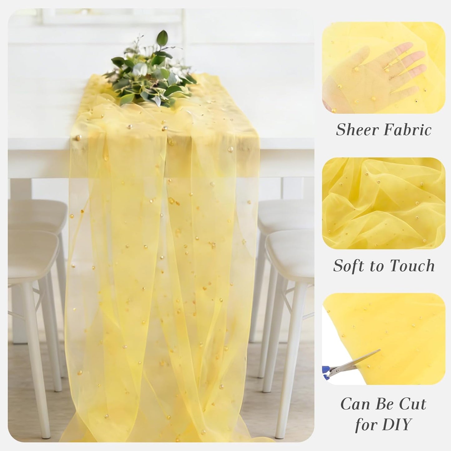 Yellow Pearl Gauze Table Runner 120 Inch 10FT, Sheer Table Decor for Wedding Birthday Baby Shower Home Party Holiday Decorations