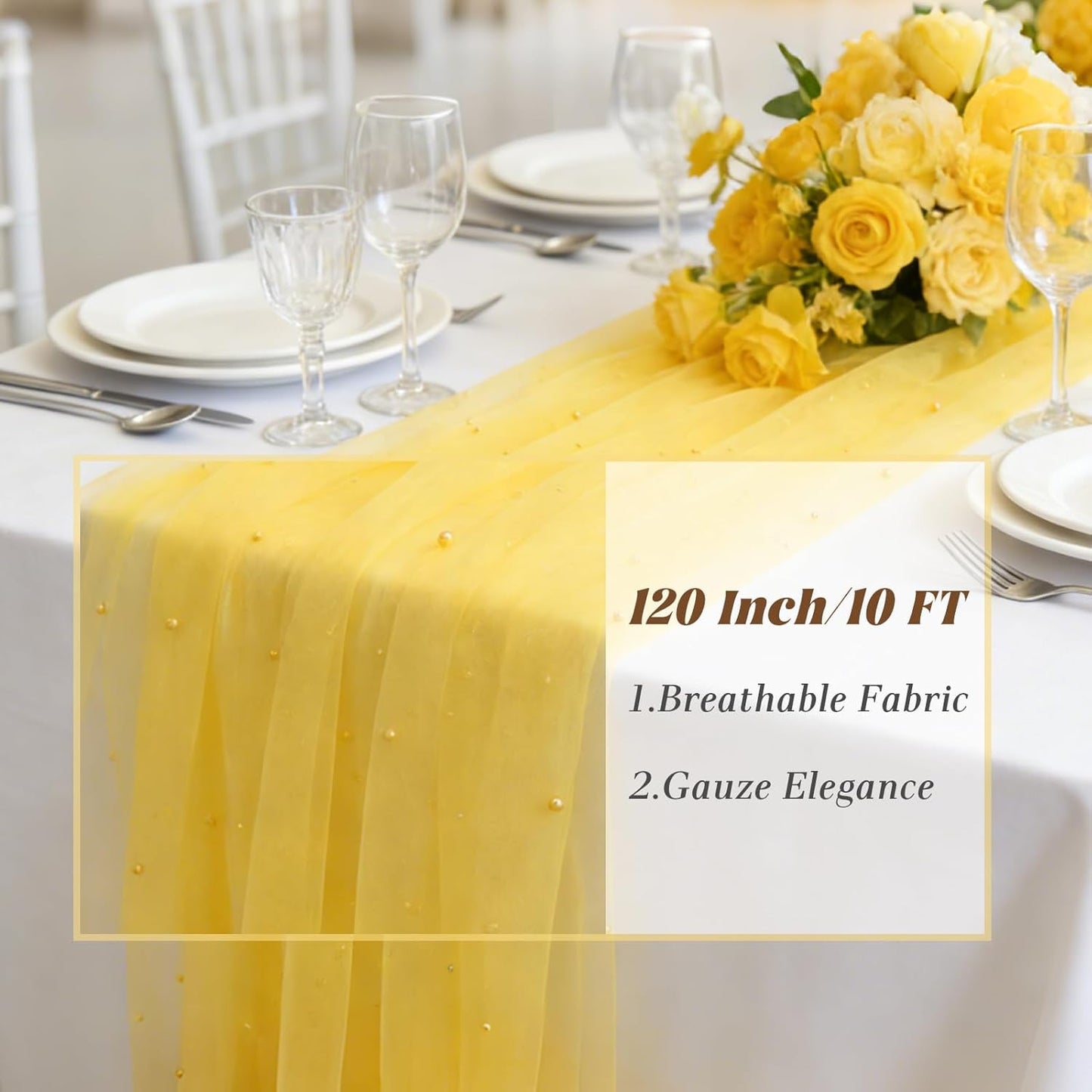 Yellow Pearl Gauze Table Runner 120 Inch 10FT, Sheer Table Decor for Wedding Birthday Baby Shower Home Party Holiday Decorations