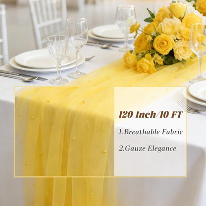 Yellow Pearl Gauze Table Runner 120 Inch 10FT, Sheer Table Decor for Wedding Birthday Baby Shower Home Party Holiday Decorations