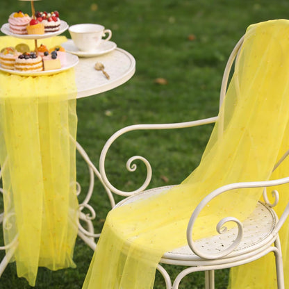Yellow Pearl Gauze Table Runner 120 Inch 10FT, Sheer Table Decor for Wedding Birthday Baby Shower Home Party Holiday Decorations
