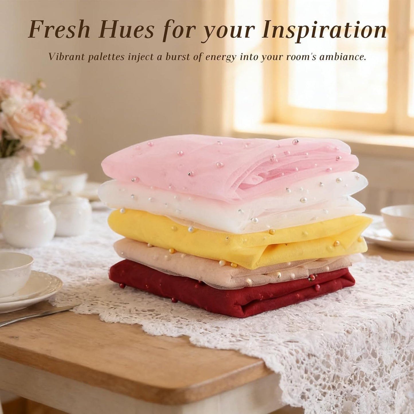 Yellow Pearl Gauze Table Runner 120 Inch 10FT, Sheer Table Decor for Wedding Birthday Baby Shower Home Party Holiday Decorations
