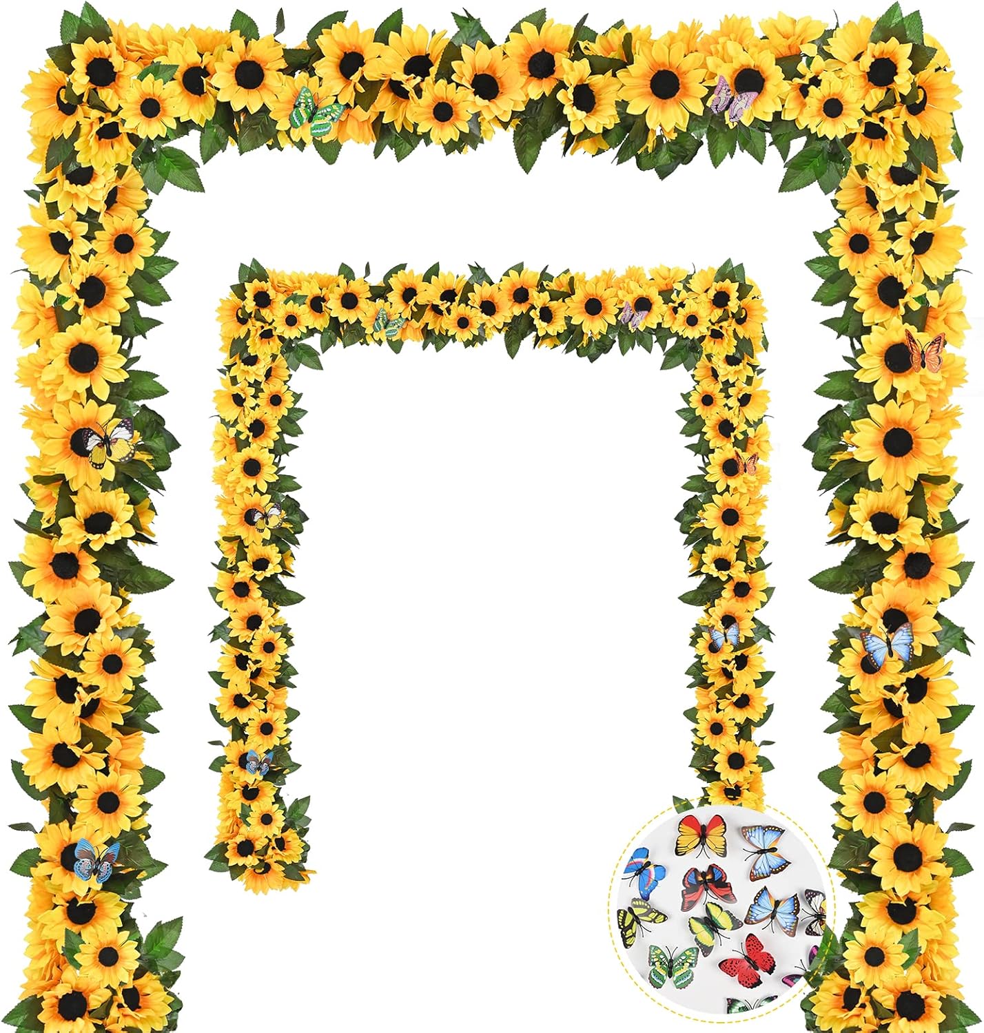 2 Pack Artificial Sunflower Garland Decor, Sunflower Vines Hanging Flowers Garland with Green Leaves, Fake Yellow Floral Vines Room Wedding Party Decoration