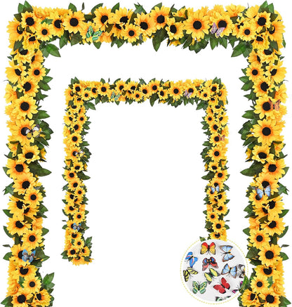 2 Pack Artificial Sunflower Garland Decor, Sunflower Vines Hanging Flowers Garland with Green Leaves, Fake Yellow Floral Vines Room Wedding Party Decoration
