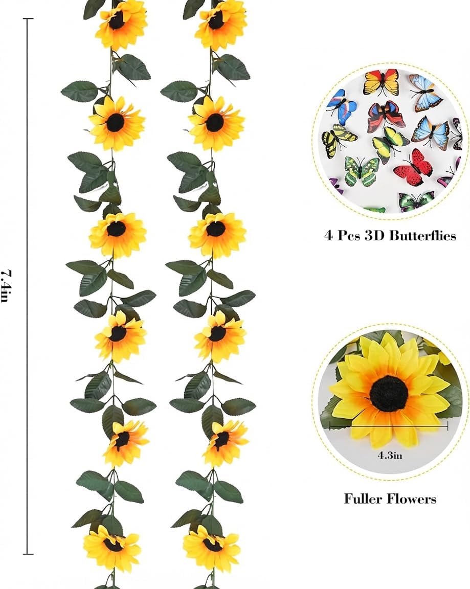 2 Pack Artificial Sunflower Garland Decor, Sunflower Vines Hanging Flowers Garland with Green Leaves, Fake Yellow Floral Vines Room Wedding Party Decoration