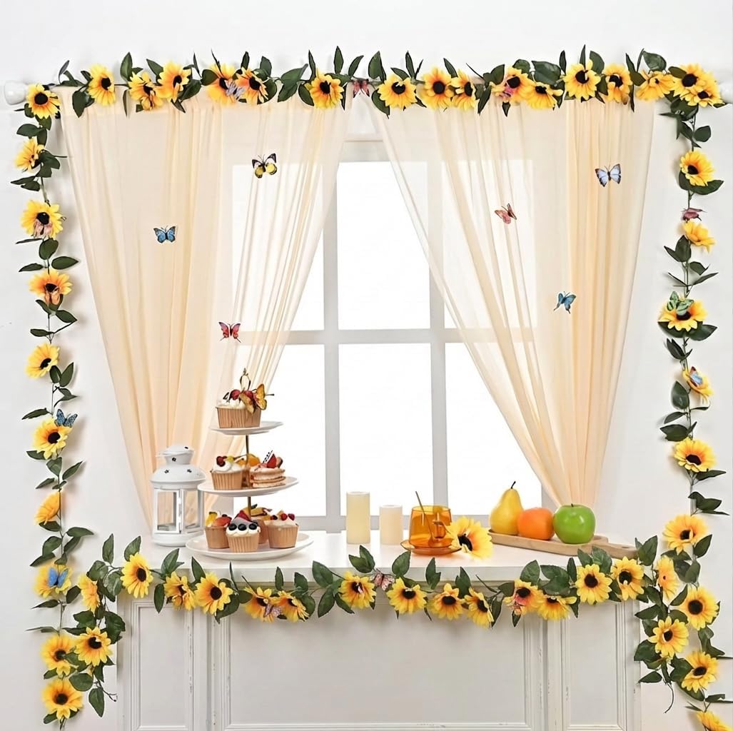 2 Pack Artificial Sunflower Garland Decor, Sunflower Vines Hanging Flowers Garland with Green Leaves, Fake Yellow Floral Vines Room Wedding Party Decoration