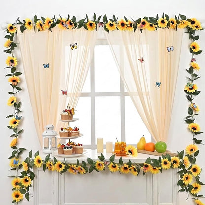 2 Pack Artificial Sunflower Garland Decor, Sunflower Vines Hanging Flowers Garland with Green Leaves, Fake Yellow Floral Vines Room Wedding Party Decoration