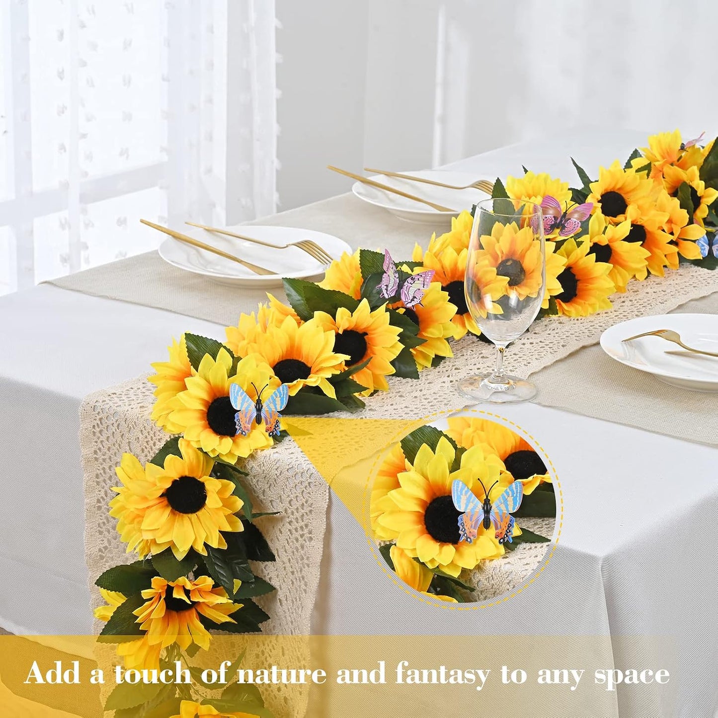 2 Pack Artificial Sunflower Garland Decor, Sunflower Vines Hanging Flowers Garland with Green Leaves, Fake Yellow Floral Vines Room Wedding Party Decoration