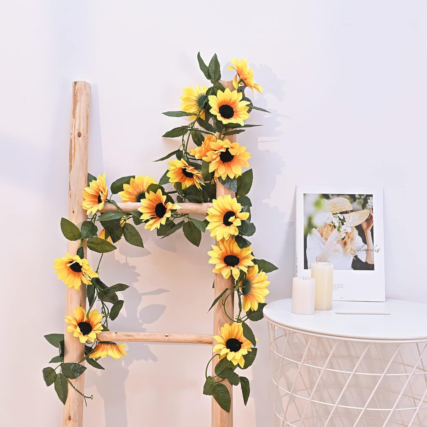 2 Pack Artificial Sunflower Garland Decor, Sunflower Vines Hanging Flowers Garland with Green Leaves, Fake Yellow Floral Vines Room Wedding Party Decoration