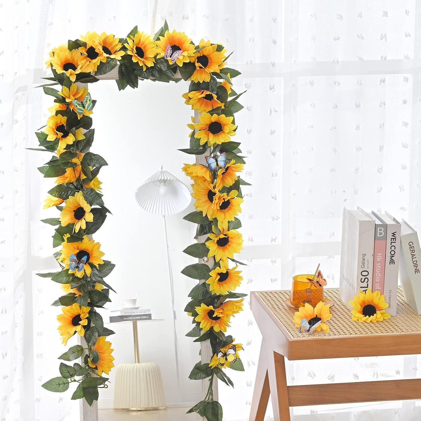2 Pack Artificial Sunflower Garland Decor, Sunflower Vines Hanging Flowers Garland with Green Leaves, Fake Yellow Floral Vines Room Wedding Party Decoration
