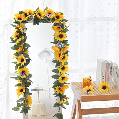 2 Pack Artificial Sunflower Garland Decor, Sunflower Vines Hanging Flowers Garland with Green Leaves, Fake Yellow Floral Vines Room Wedding Party Decoration