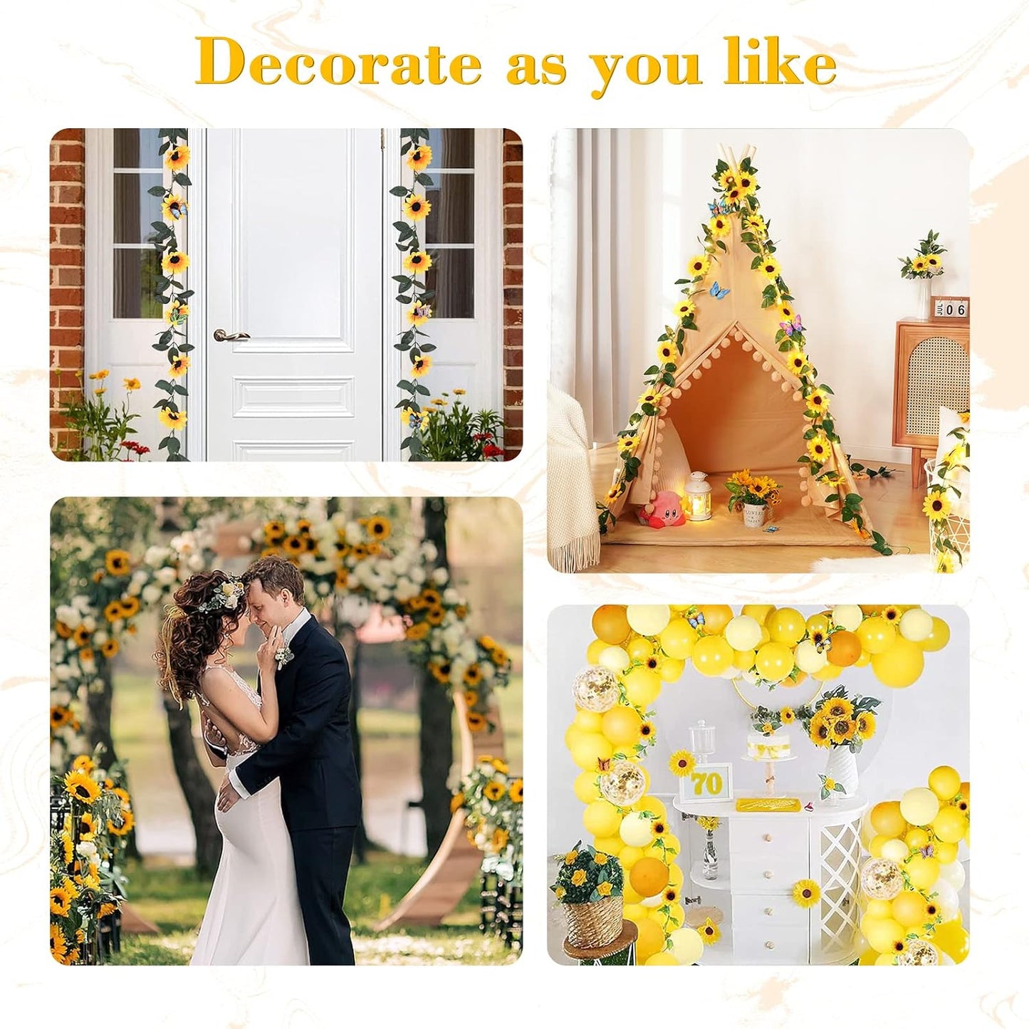2 Pack Artificial Sunflower Garland Decor, Sunflower Vines Hanging Flowers Garland with Green Leaves, Fake Yellow Floral Vines Room Wedding Party Decoration